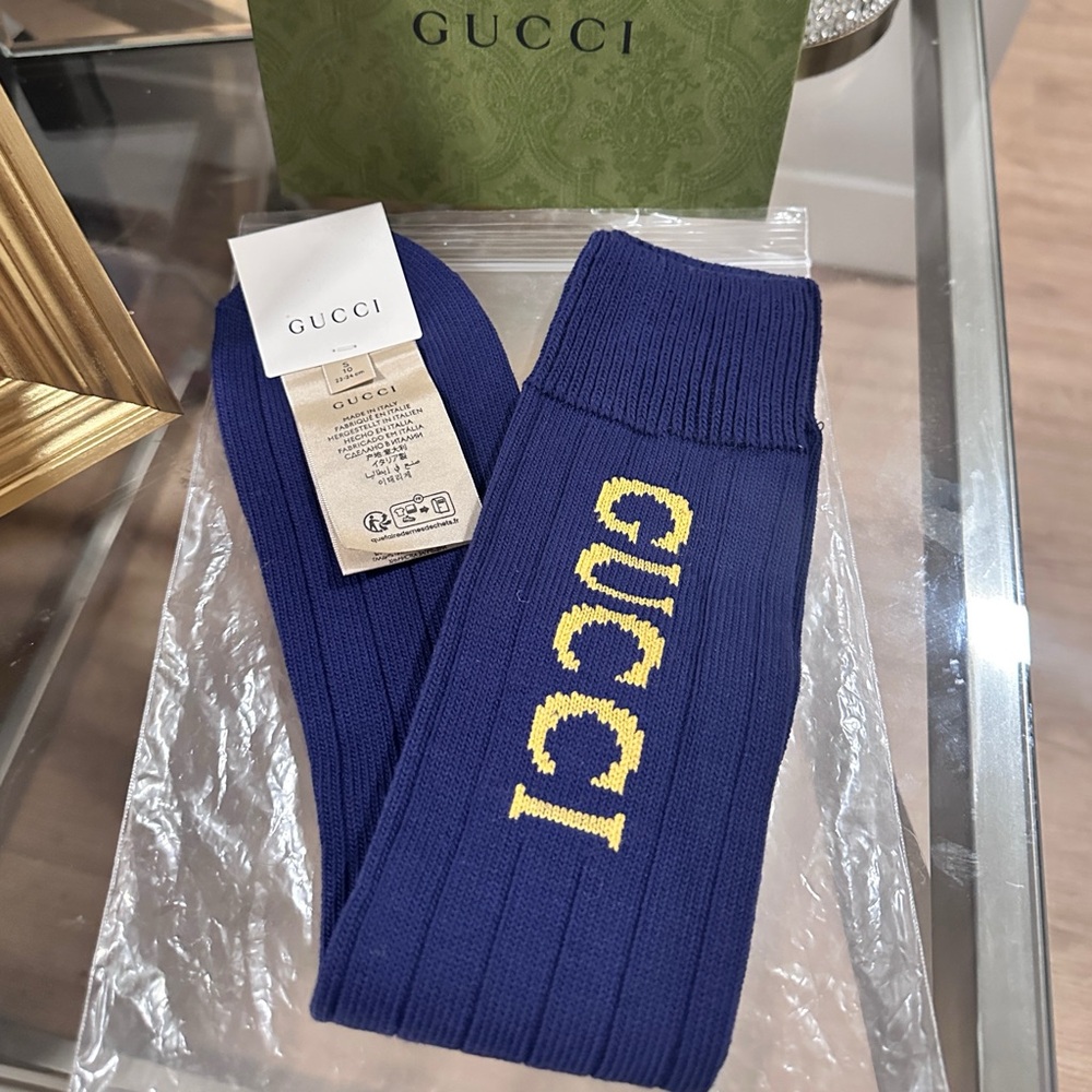 🩷💯🆕 Authentic Gucci Intarsia Cotton Blend Ribbed Long Knit logo socks